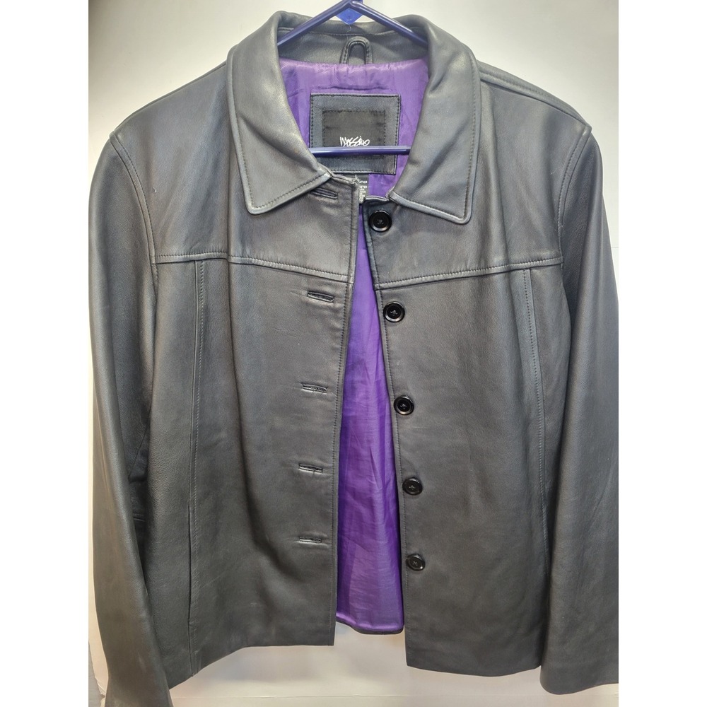 Vtg Mossimo Black‎ Genuine Leather Jacket L Purple Lining Button Front Coat